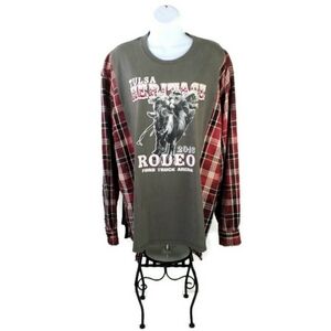 Hand Made Upcycled Bleached Crew Neck Long Sleeve Plaid Flannel Shirt Mens 3XLT